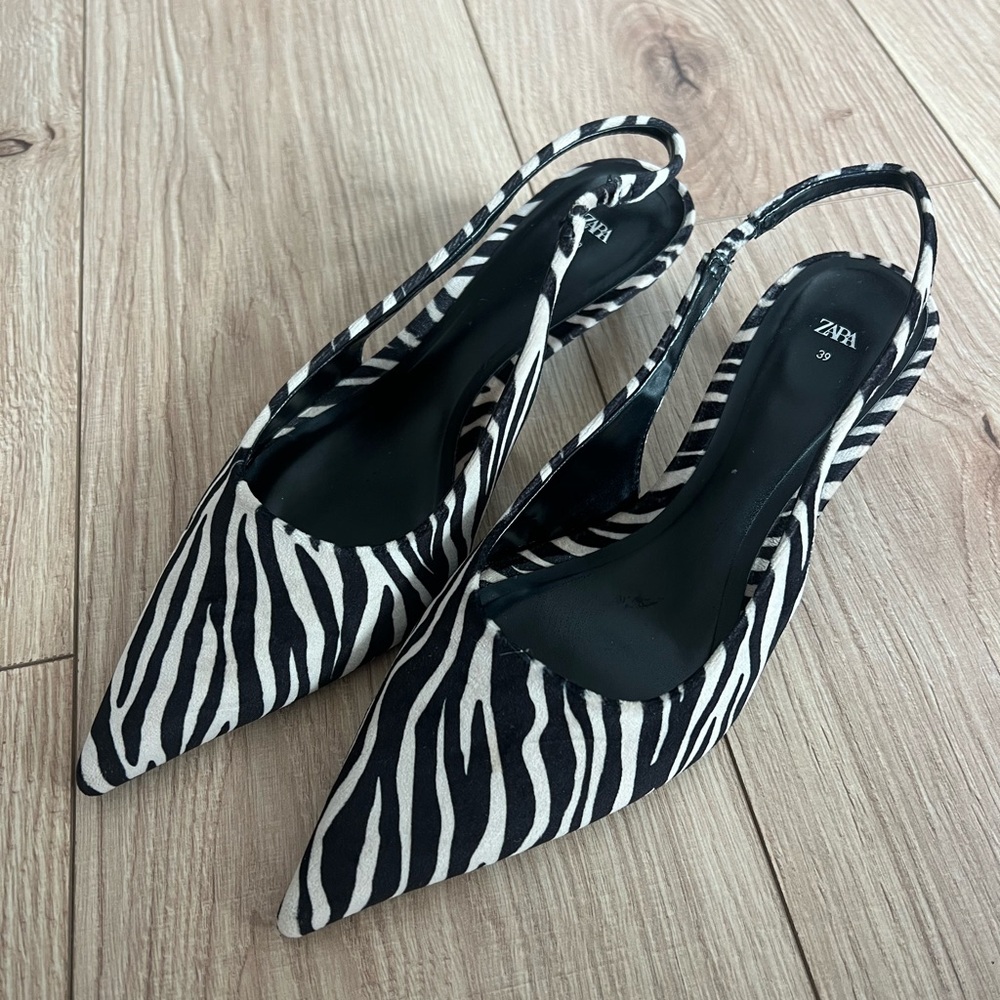 Zara Black and White Zebra Print Women's Slingback Shoes